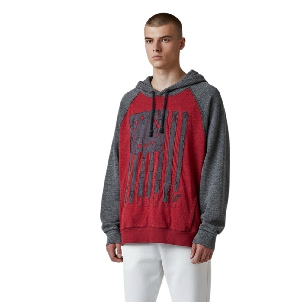American Eagle Heritage Thermal Hoodie Red Gray Patch Flag XS